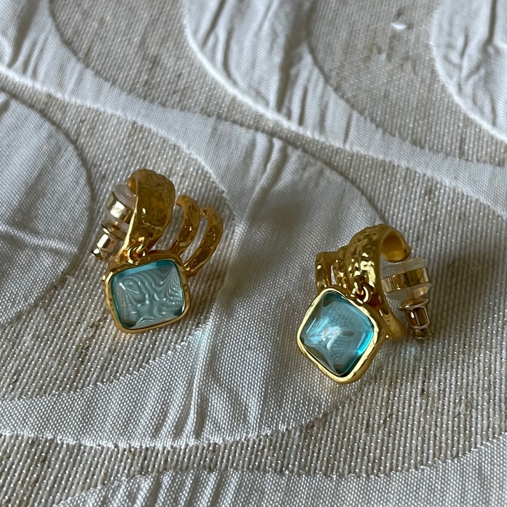 Montana West Wrangler Square dangle drop turquoise earrings gold plated ear cuff